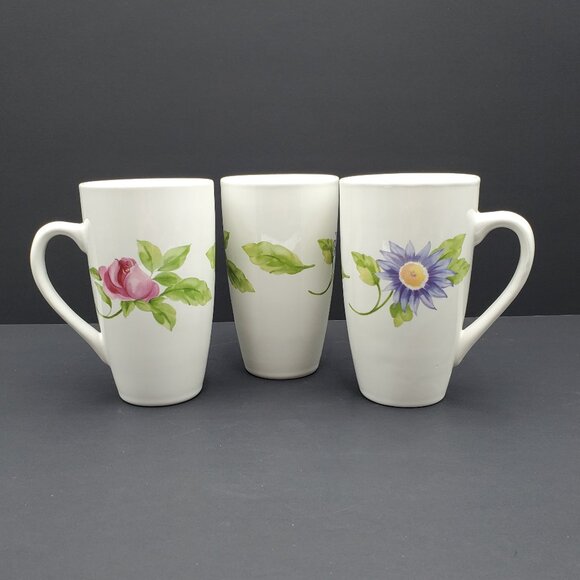 Pfaltzgraff Emma Tall Latte Mugs White Coffee Mugs Purple Pink Floral Flowers - Picture 1 of 10